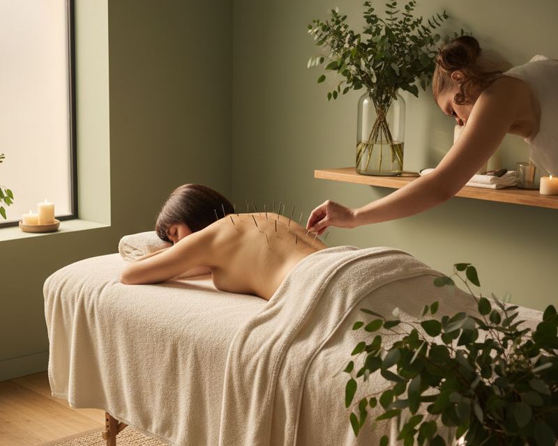 Paciente relaxada recebendo acupuntura nas costas em sala tranquila