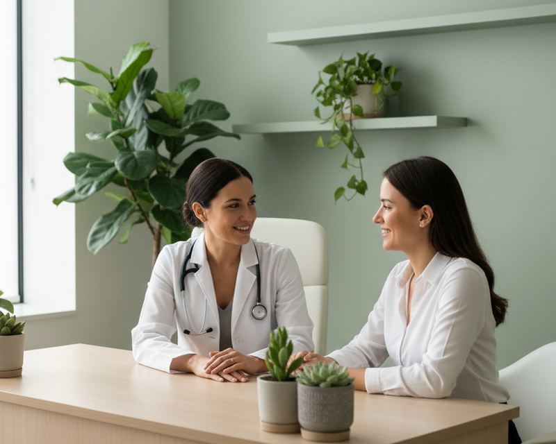 Médica conversando com paciente em consultório claro com plantas