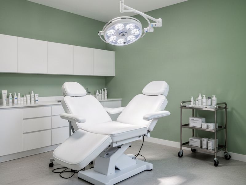 Sala de procedimentos com cadeira estética reclinável, foco de luz e carrinho auxiliar