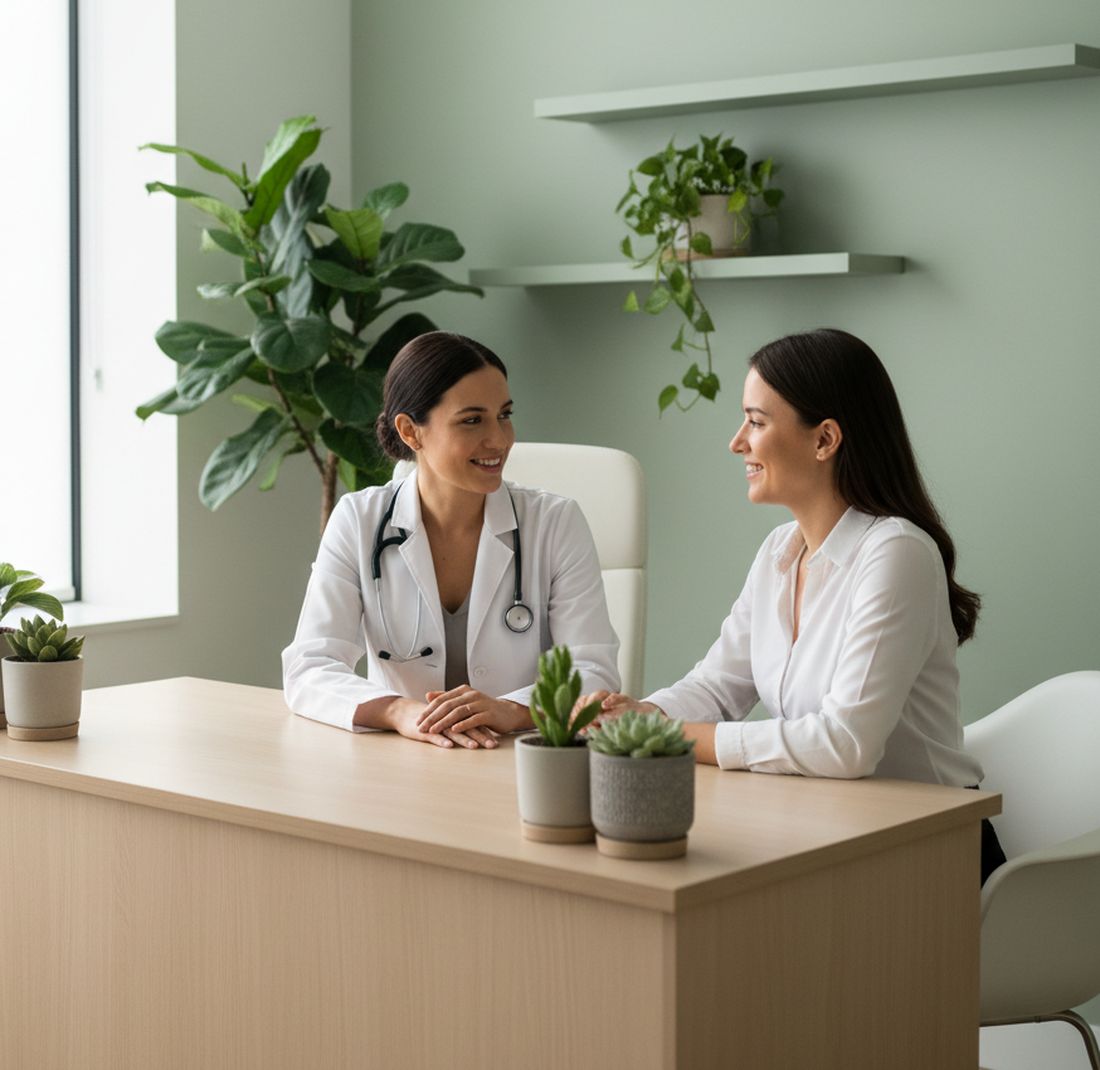 Médica sorrindo em consulta com paciente em consultório claro com plantas